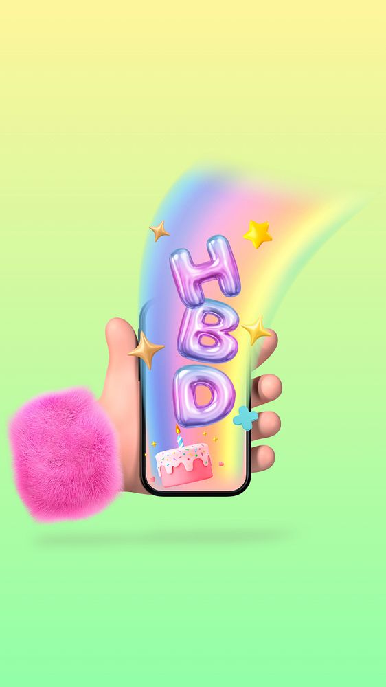 HBD 3D emoticons iPhone wallpaper, gradient green, editable design