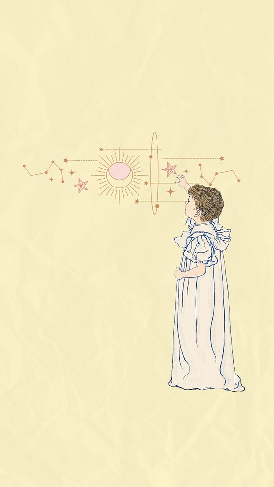 Girl and stars iPhone wallpaper, editable celestial Art Nouveau character element