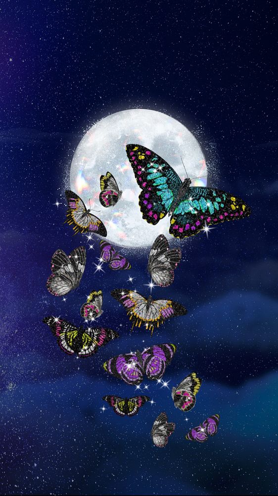 Dreamy butterflies phone wallpaper, editable full moon surreal background