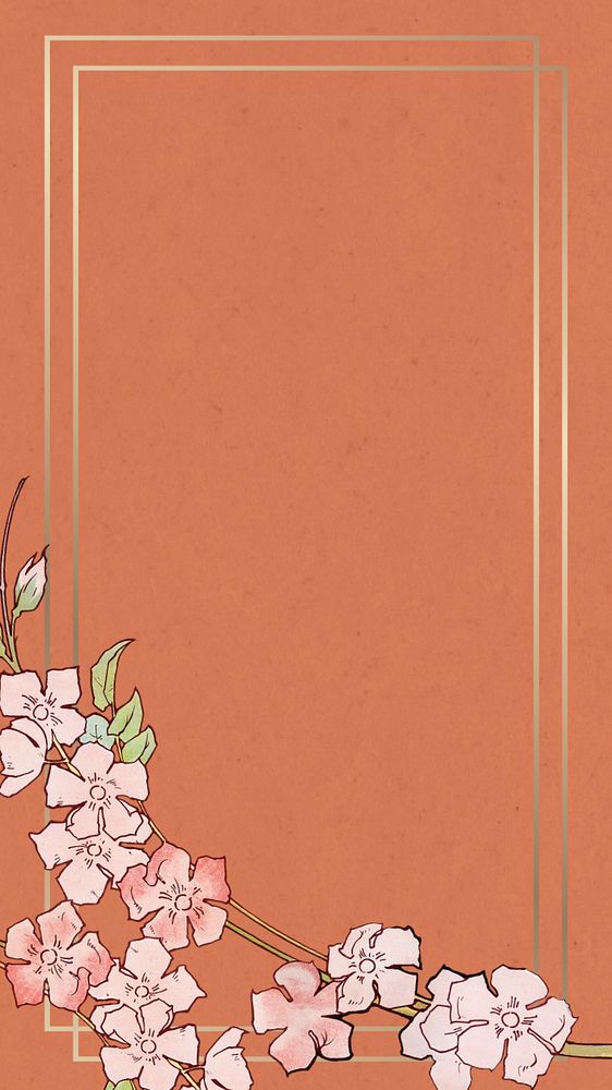 Pink flower frame iPhone wallpaper, orange green textured background, remixed by rawpixel