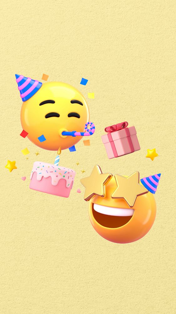 Birthday party emoticon iPhone wallpaper, yellow background, editable design