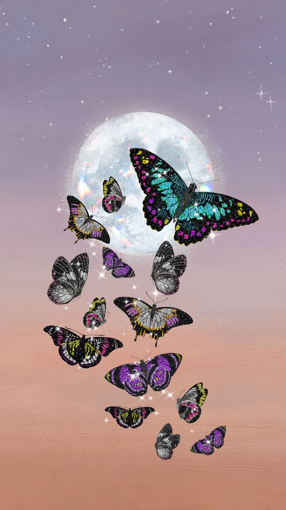 Dreamy butterflies phone wallpaper, editable full moon surreal background