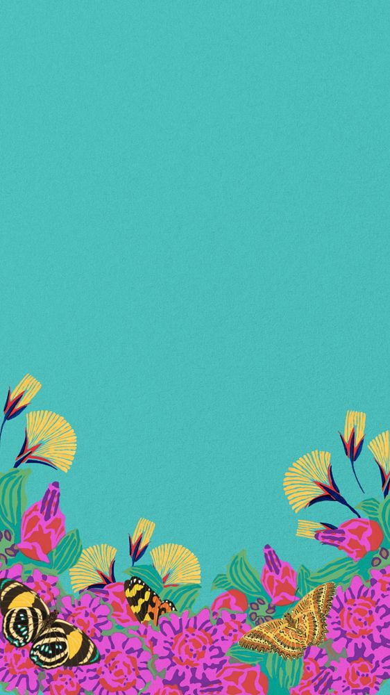 Butterfly flower iPhone wallpaper, editable turquoise colorful design, remixed from the artwork of E.A. Séguy