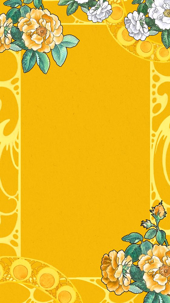 Vintage Spring frame phone wallpaper, editable yellow botanical background, remixed by rawpixel