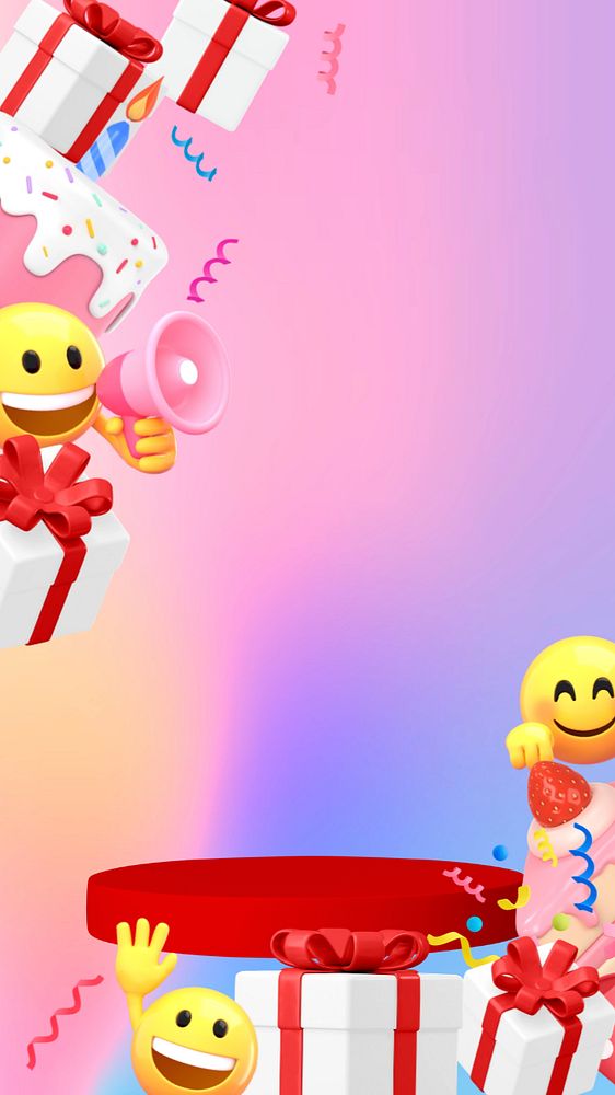 Birthday product backdrop phone wallpaper, 3D emoji illustration