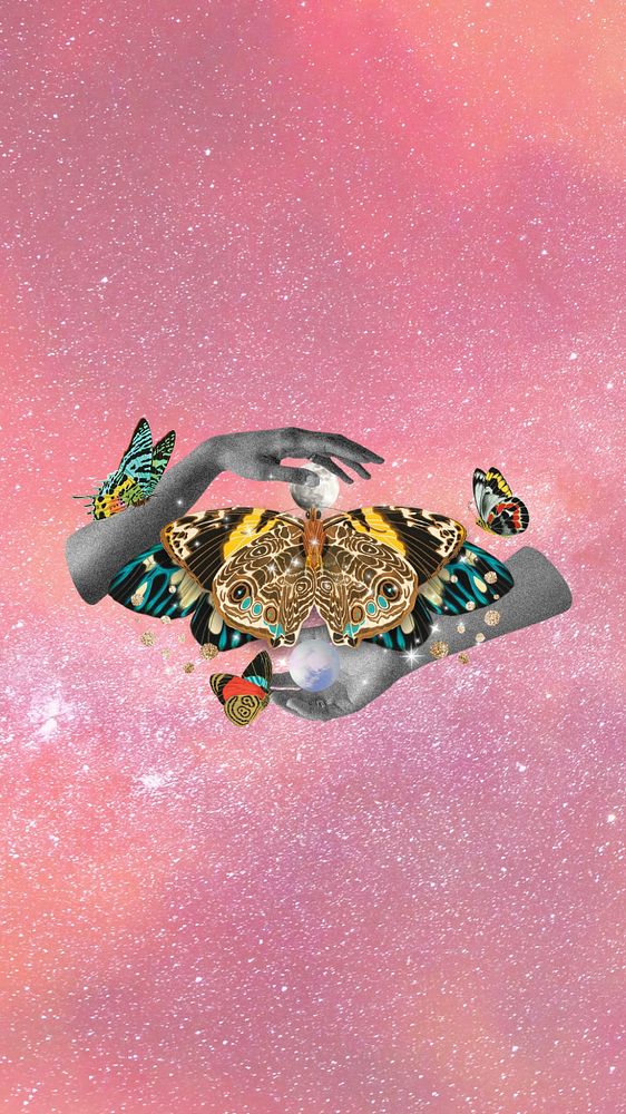 Surreal butterfly iPhone wallpaper, editable aesthetic galaxy, remixed from the artwork of E.A. Séguy