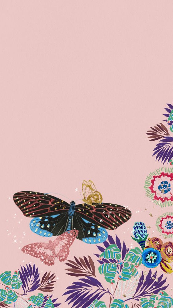 Pink aesthetic butterfly iPhone wallpaper, editable vintage insect border, remixed from the artwork of E.A. Séguy