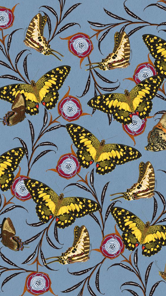 Vintage butterfly patterned iPhone wallpaper, editable E.A. Séguy's famous artwork, remixed by rawpixel