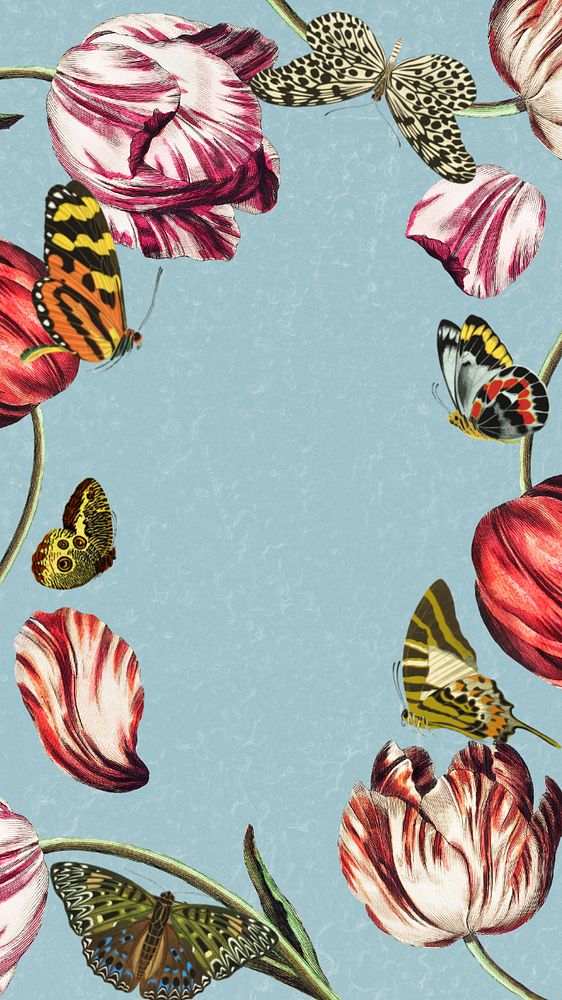 Tulip frame, blue iPhone wallpaper, editable vintage butterfly illustration