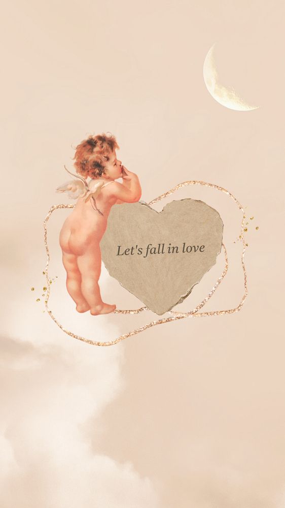 Cupid paper heart phone wallpaper, let's fall in love background, editable design