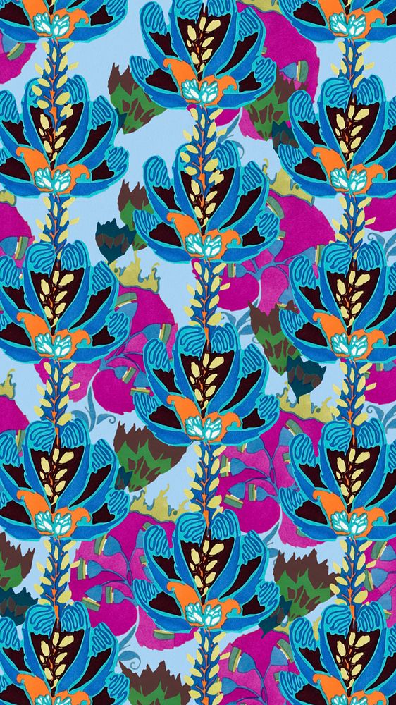 Blue flower patterned phone wallpaper, editable vintage  design, remixed from the artwork of E.A. Séguy