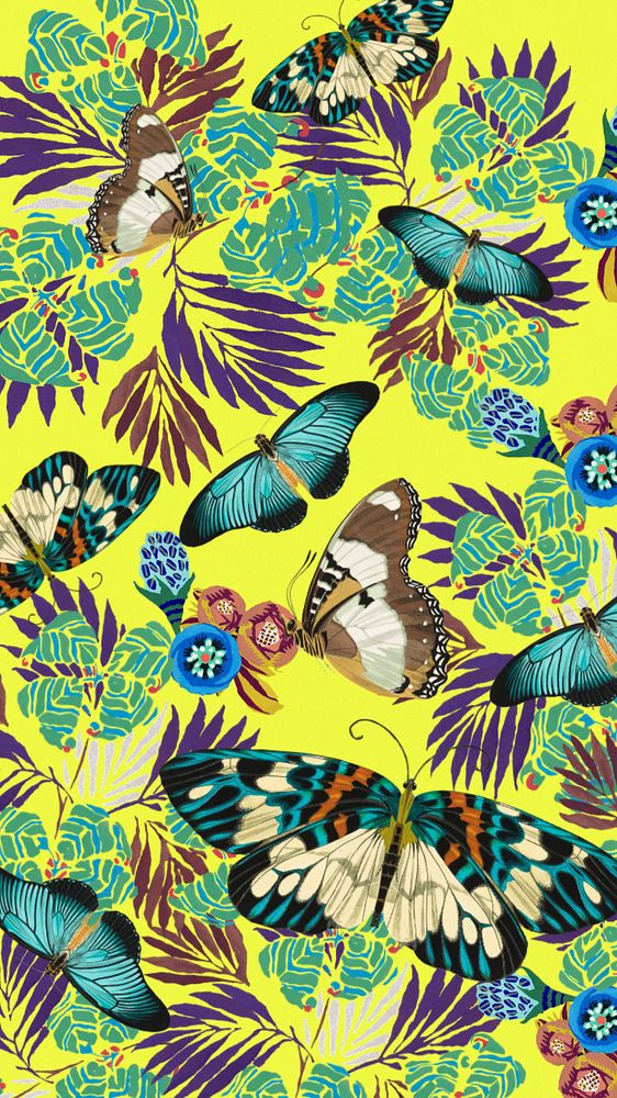 Exotic botanical butterfly mobile wallpaper, editable vintage patterned background, remixed from the artwork of E.A. Séguy