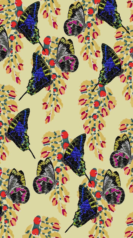 Vintage botanical butterfly background, editable pattern, remixed from the artwork of E.A. Séguy