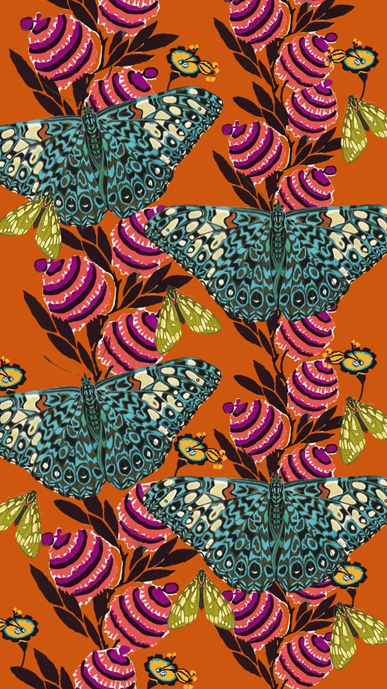 Exotic botanical butterfly iPhone wallpaper, editable vintage pattern, remixed from the artwork of E.A. Séguy