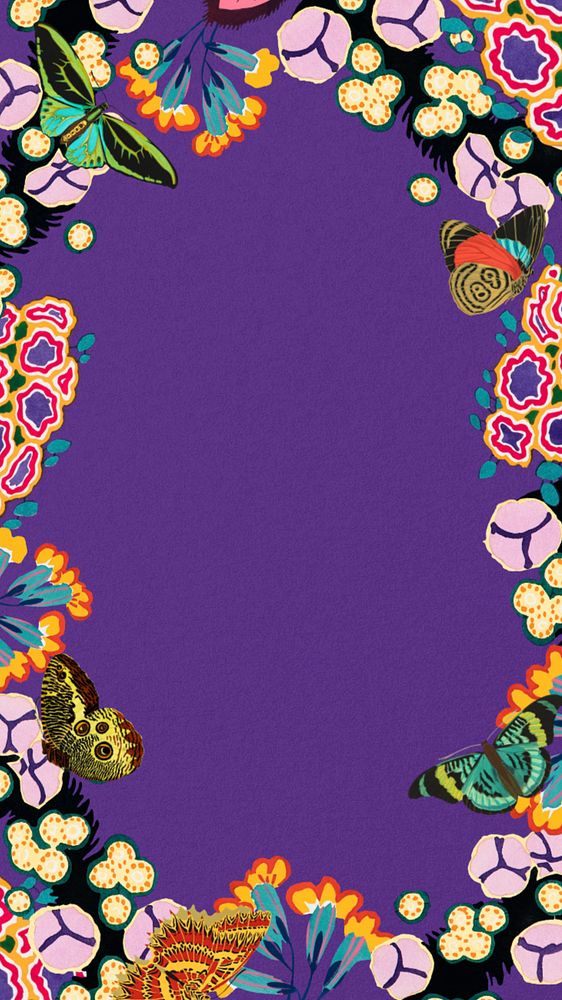 Butterfly flower frame iPhone wallpaper, editable purple design, remixed from the artwork of E.A. Séguy