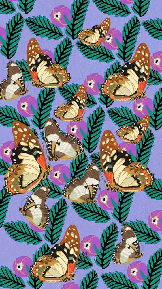 Exotic butterfly patterned phone wallpaper, editable E.A. Séguy's vintage illustration, remixed by rawpixel