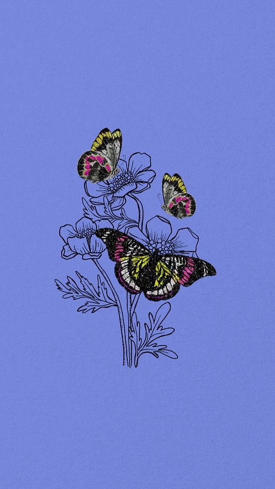 Vintage butterfly, mobile wallpaper, editable flower illustration, remixed by rawpixel