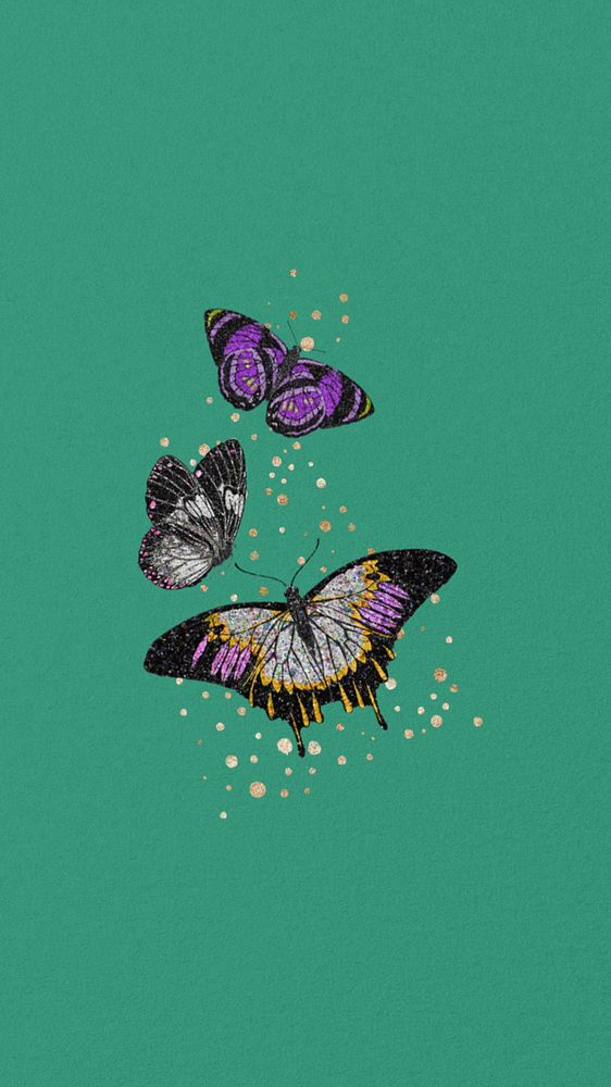 Green aesthetic butterfly phone wallpaper, editable vintage insect background, remixed from the artwork of E.A. Séguy