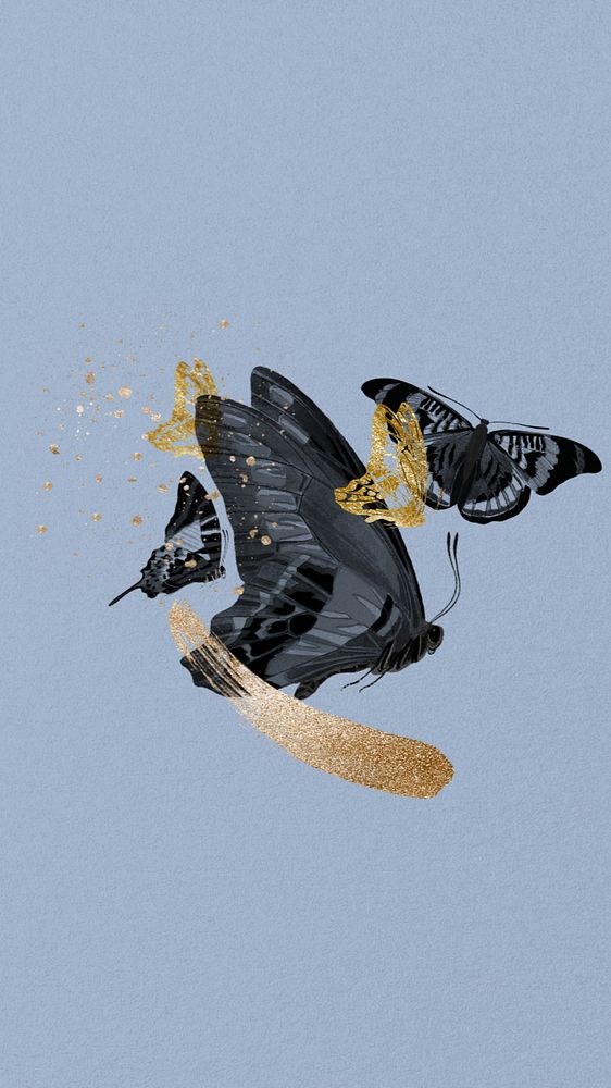 Glittery butterfly iPhone wallpaper, editable aesthetic black design, remixed from the artwork of E.A. Séguy