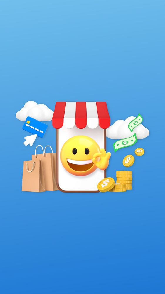 Online shopping phone wallpaper, 3D emoji illustration