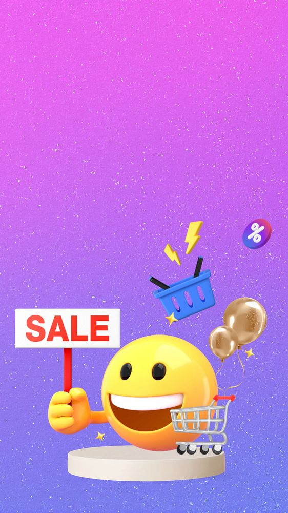 Sale 3D emoticon iPhone wallpaper, purple gradient design