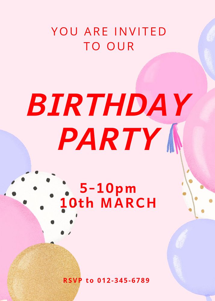 Birthday party invitation card template, editable digital painting remix