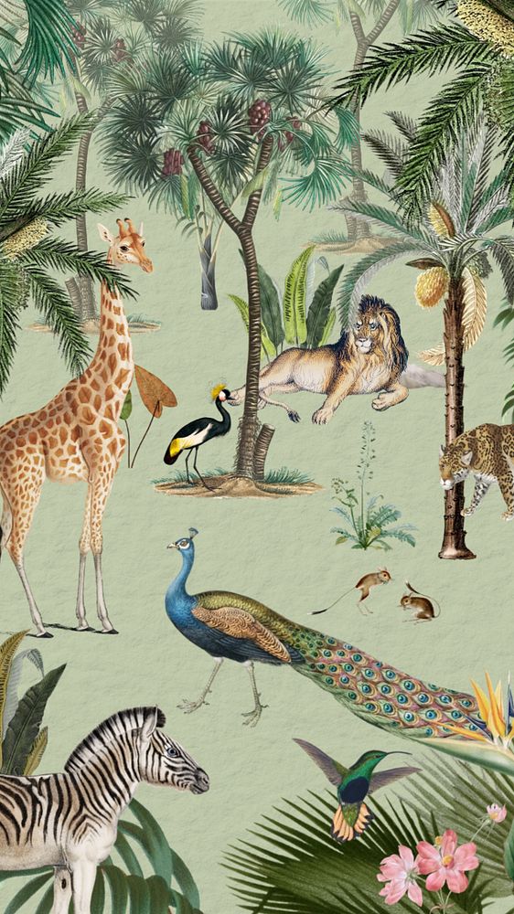 Wild animals pattern phone wallpaper, jungle illustration, editable design
