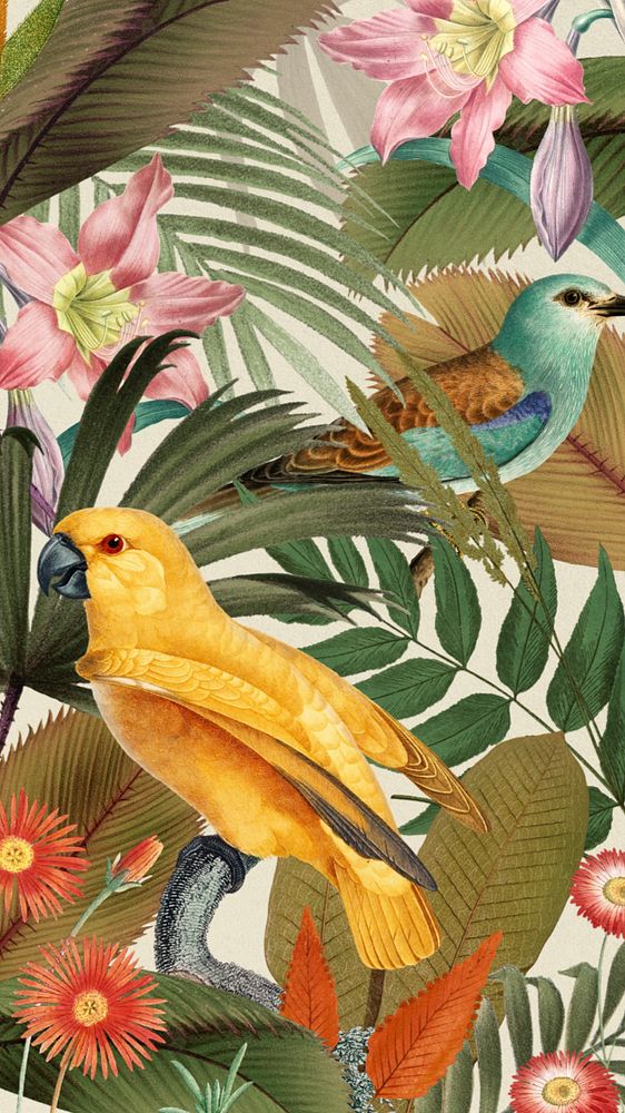 Exotic birds pattern mobile wallpaper, jungle illustration, editable design