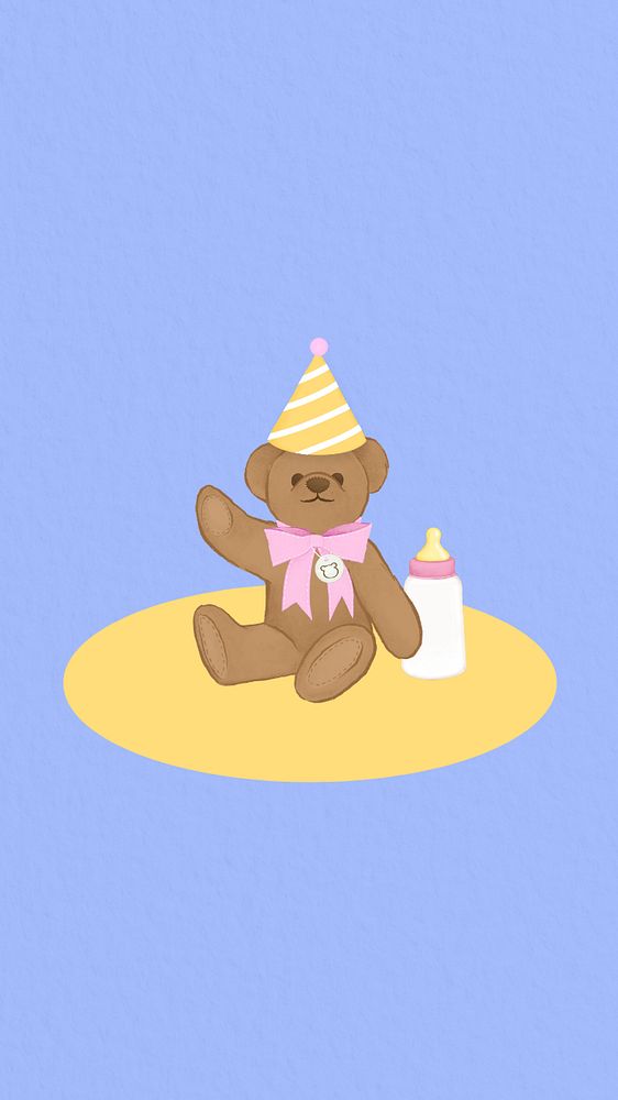 Birthday teddy bear iPhone wallpaper, editable digital painting remix