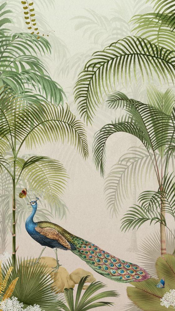 Jungle peacock bird iPhone wallpaper, vintage palm trees background, editable design