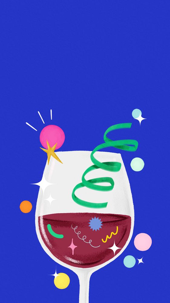 Festive wine glass iPhone wallpaper, editable aesthetic New Year digital painting remix