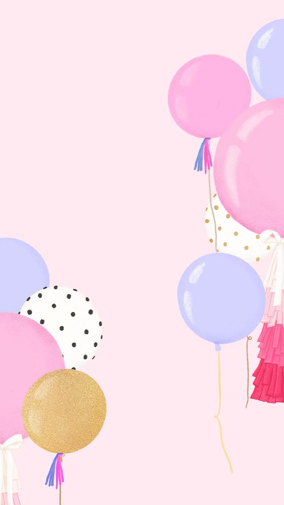 Birthday party balloons phone wallpaper, editable aesthetic party digital painting remix