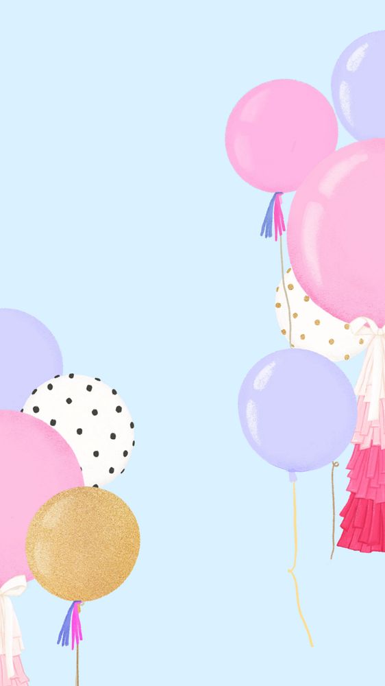 Birthday party balloons phone wallpaper, editable aesthetic party digital painting remix