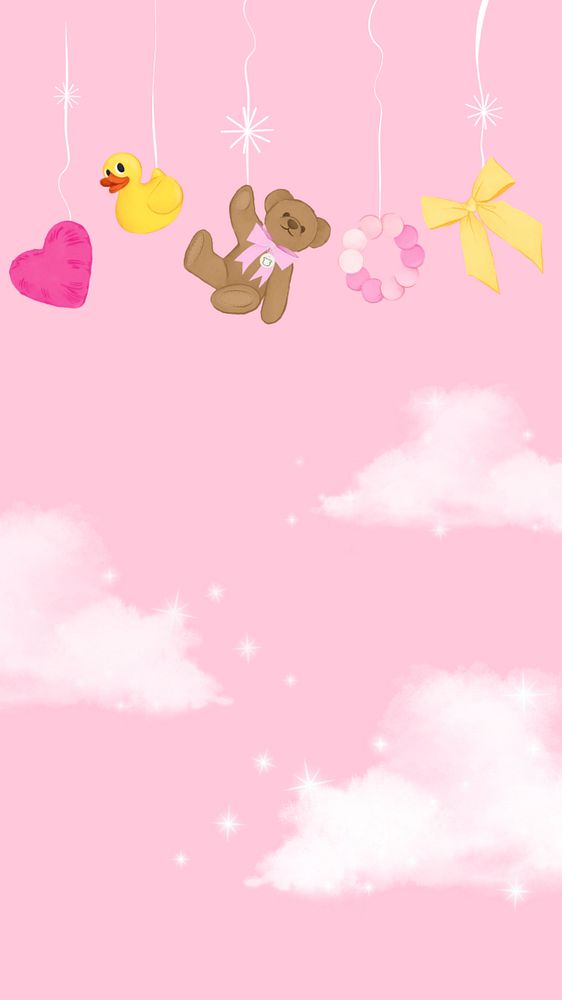 Pink sky iPhone wallpaper, editable kids' toys border digital painting remix