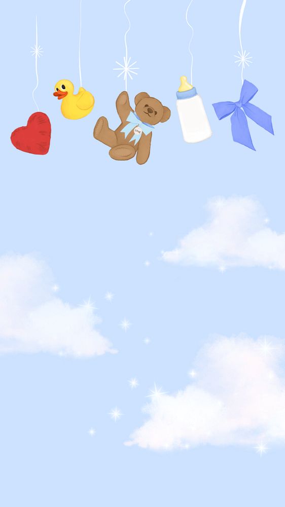 Blue sky iPhone wallpaper, editable kids' toys border digital painting remix