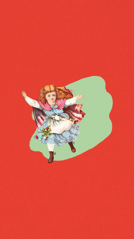 Vintage little girl mobile wallpaper, red background, editable design