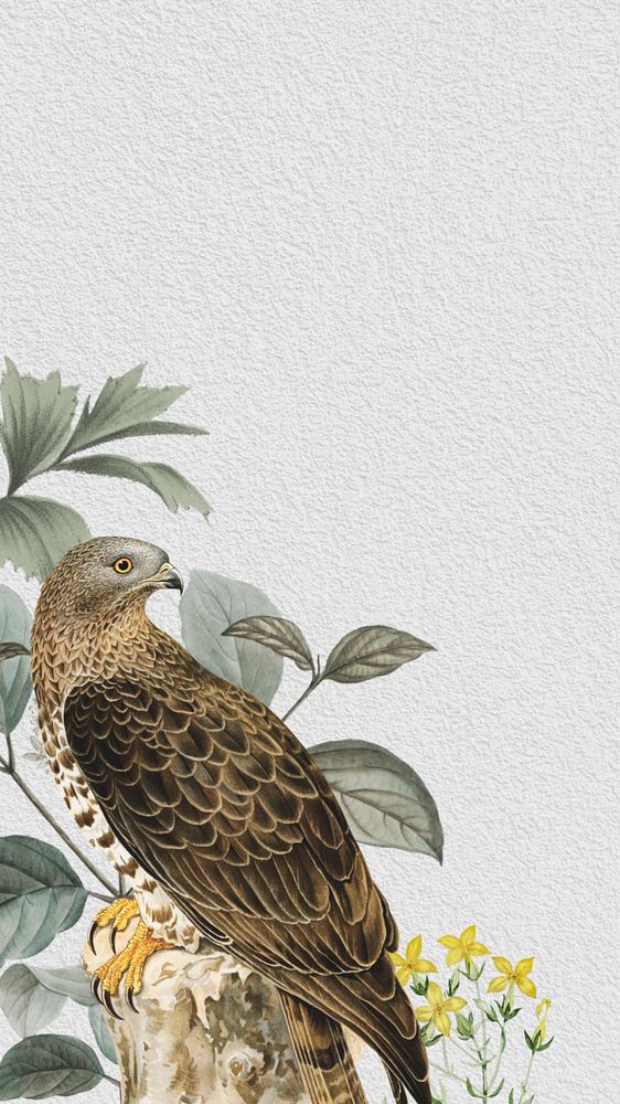 Vintage brown bird mobile wallpaper, leaf branch border background, editable design