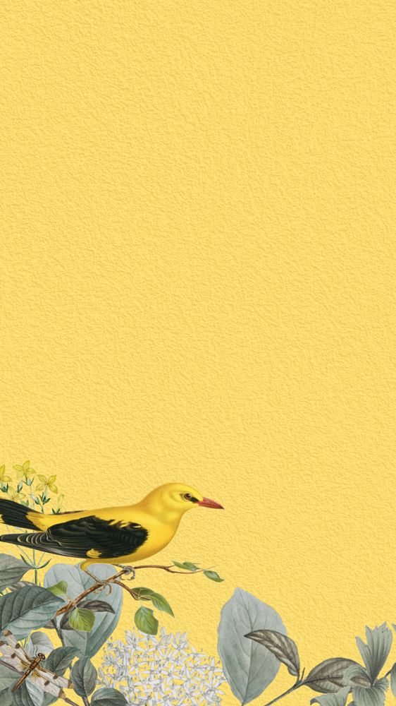 Vintage yellow bird phone wallpaper, aesthetic botanical border, editable design