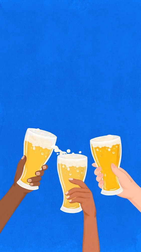 Clinking beer glasses mobile wallpaper, editable aesthetic New Year digital painting remix