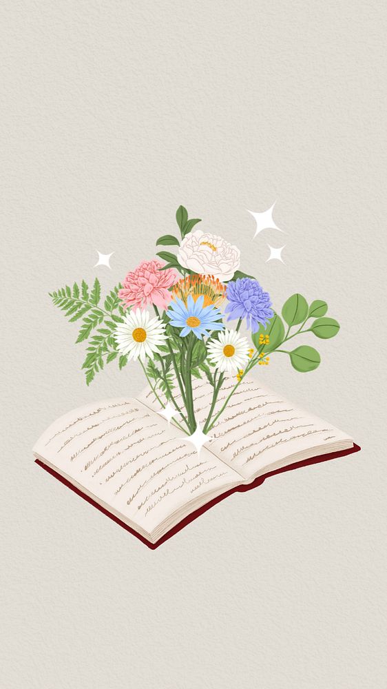 Floral opened book iPhone wallpaper, editable aesthetic literature digital painting remix