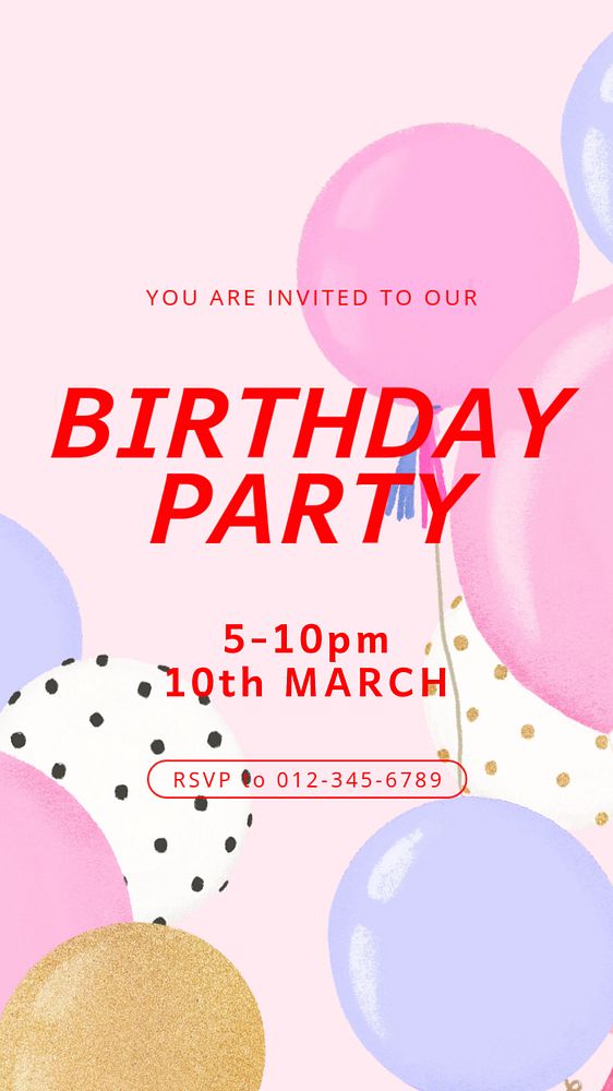 Birthday invitation Facebook story template, editable digital painting remix