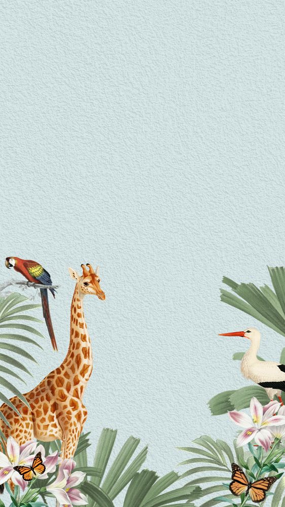 Vintage wildlife giraffe mobile wallpaper, aesthetic leaf border, editable design