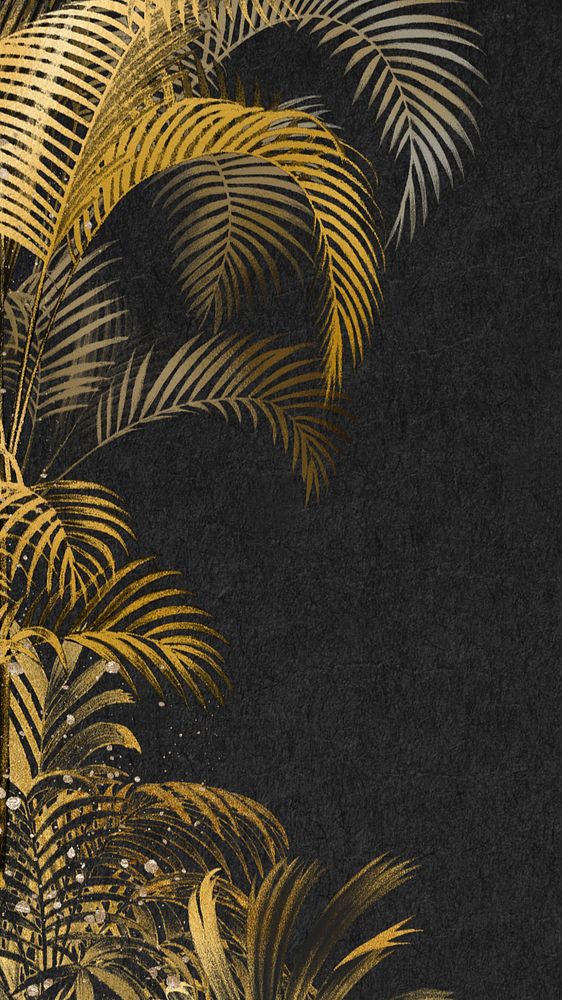 Gold palm leaf iPhone wallpaper, botanical border black background, editable design