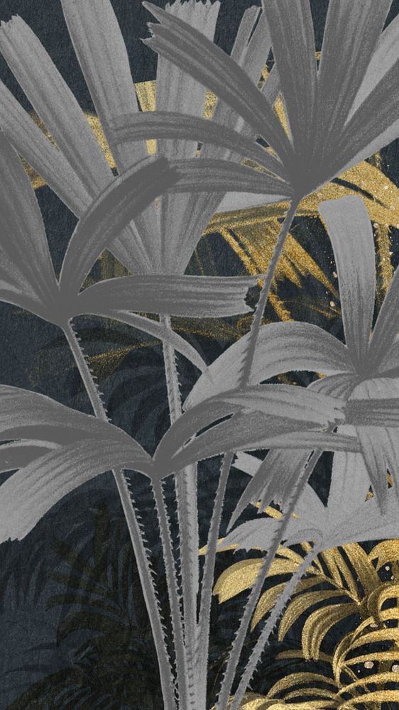 Palm trees pattern phone wallpaper, black and gold background, editable design