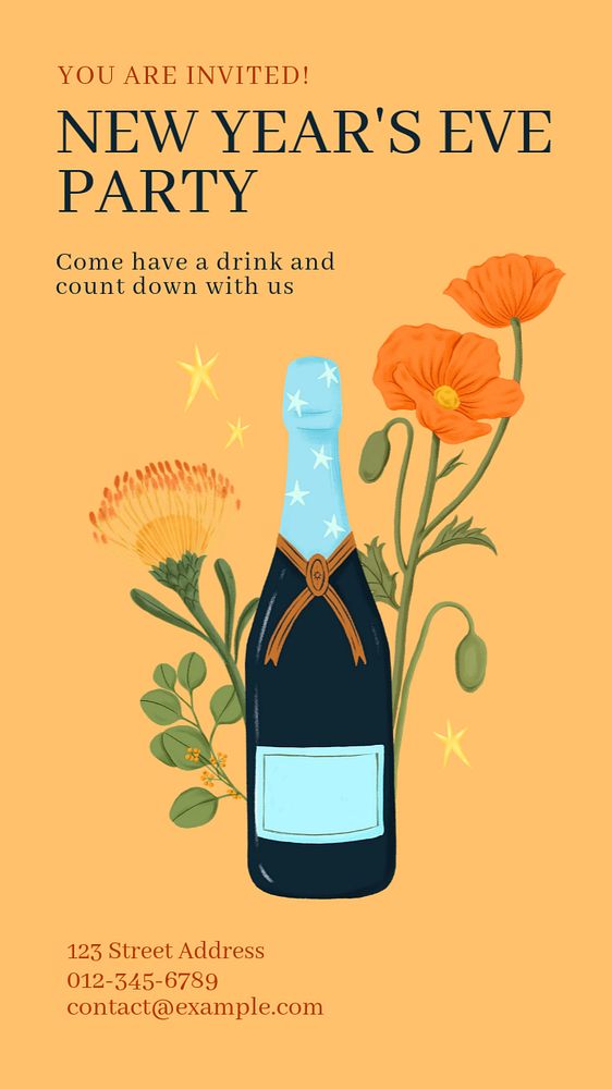 Champagne bottle Facebook story template, editable digital painting remix