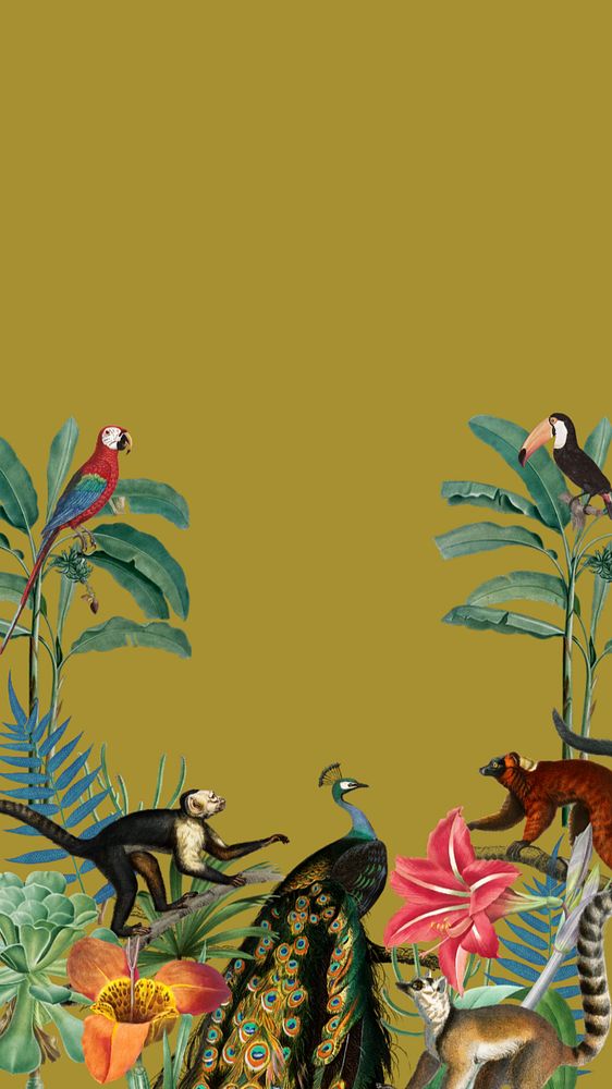 Vintage jungle animal phone wallpaper, wildlife border background, editable design