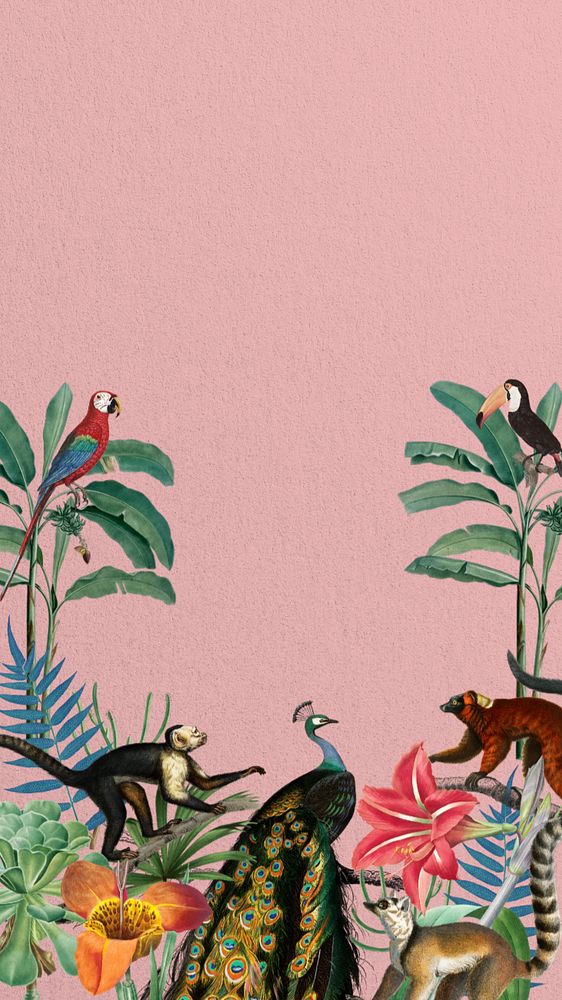 Vintage jungle animal phone wallpaper, wildlife border background, editable design