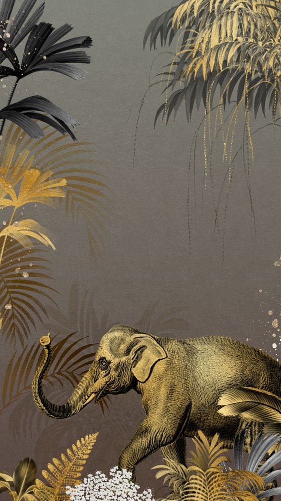 Vintage jungle elephant phone wallpaper, gold wildlife background, editable design