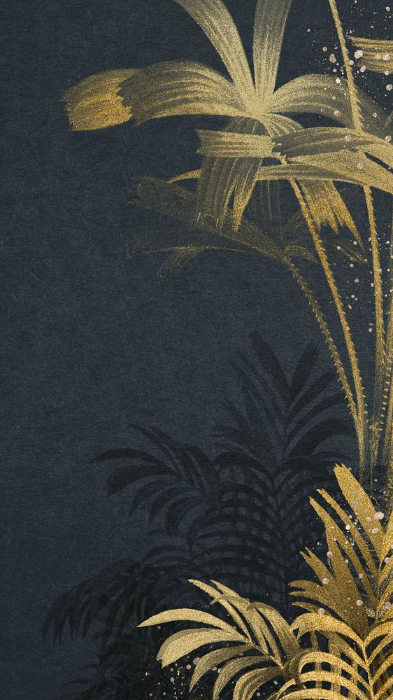 Gold palm leaf iPhone wallpaper, botanical border blue background, editable design