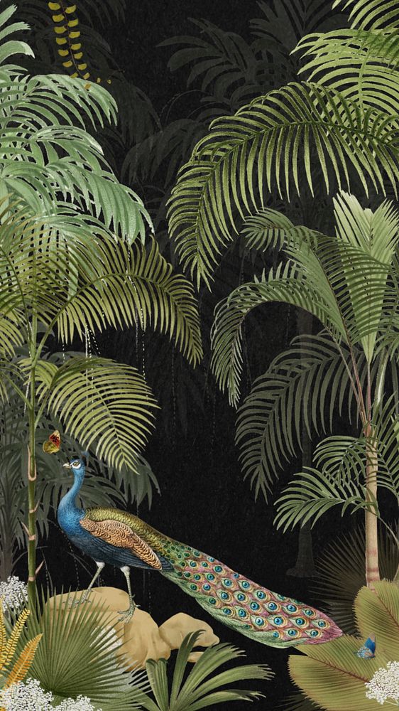 Jungle peacock bird iPhone wallpaper, vintage palm trees background, editable design